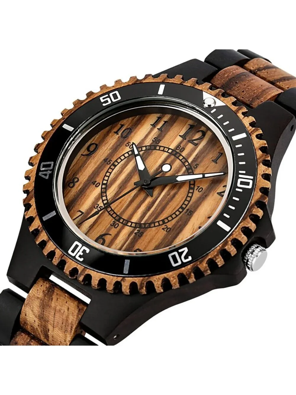 Men's Brown Quartz Ebony Zebra Fold over Clasp Wood Strap Round Wooden Watch
